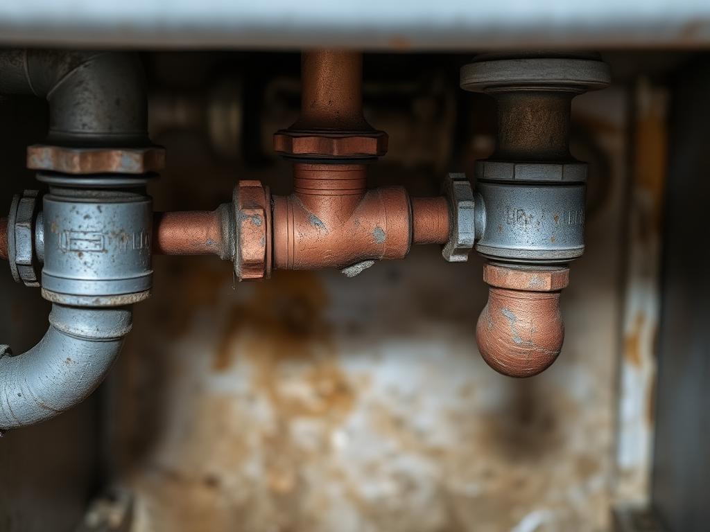 Older corroded household plumbing under a sink