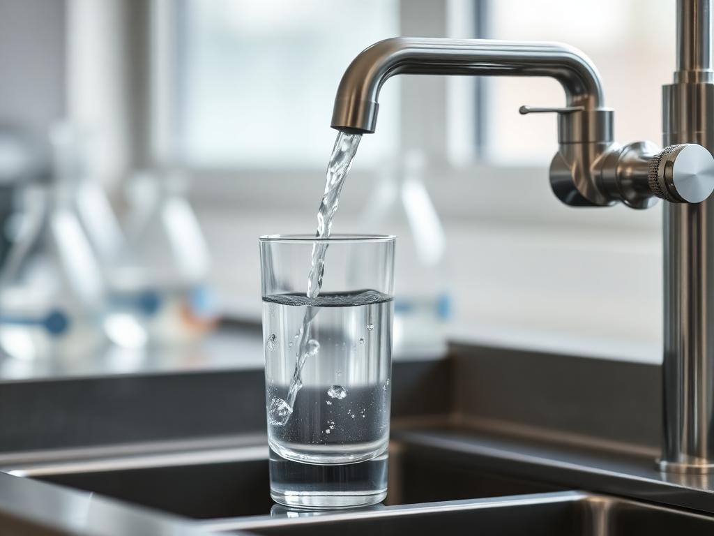 Clear water pouring into a glass from a modern kitchen faucet