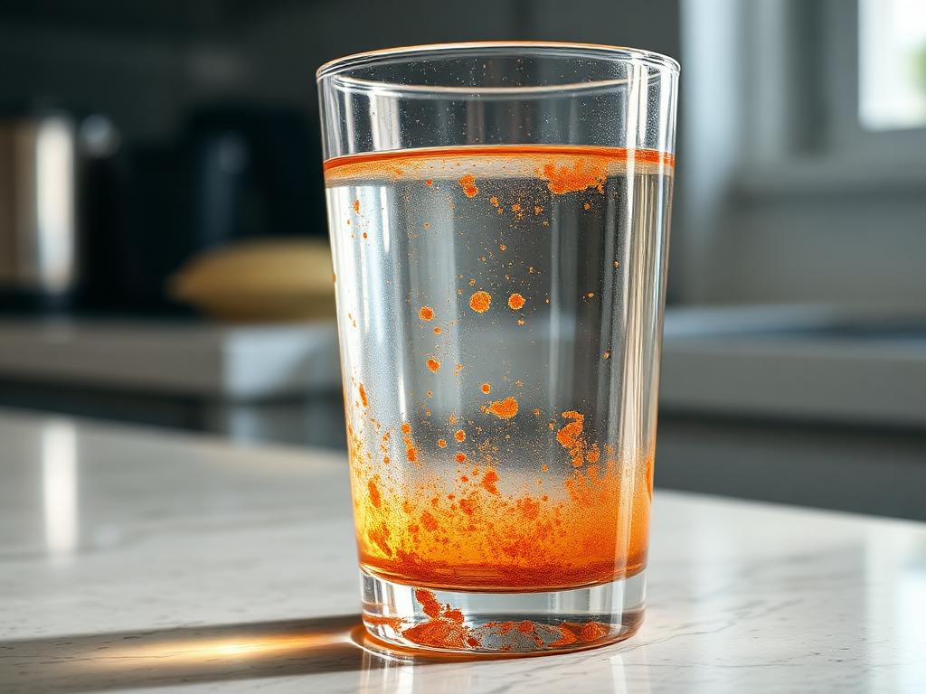 Clear drinking glass with orange rust particles from dissolved iron in well water